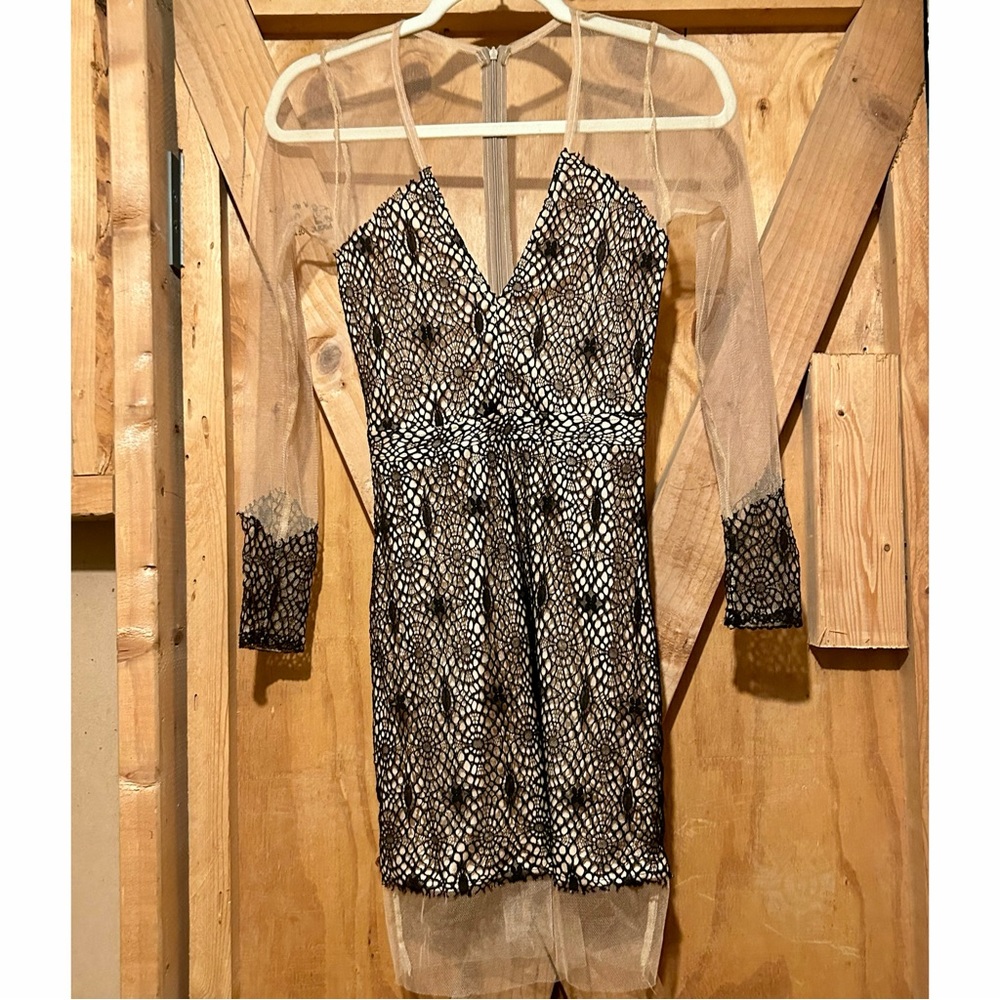 AKIRA: Black and Beige Sheer Lace Bodycon Dress